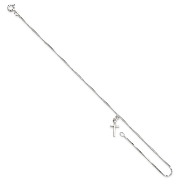 925 Sterling Silver 10 in Solid Polished Cross Charm on Box Chain Jewelry Anklet - Picture 5 of 7